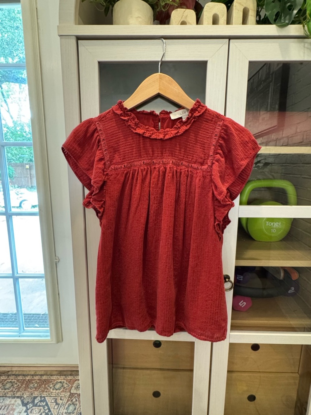 Red Ruffle Neck Lined Corduroy-Style Top
